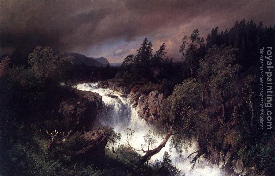 Herman Herzog : Mountain Landscape and Waterfall